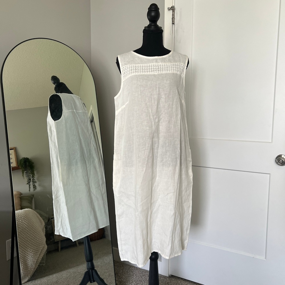 NWT 100% Cotton Shift Dress Large White Crochet Lace Cotton Sleeveless Boho Midi